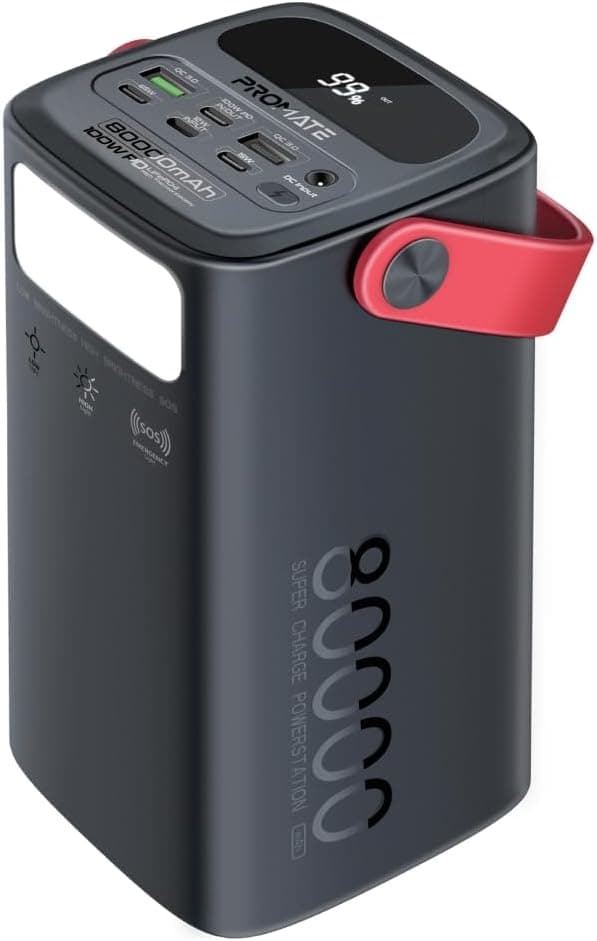 Promate 80000mAh Power Bank, 100W USB-C PD Fast Charging, 4 Outputs, 3 Inputs, S...