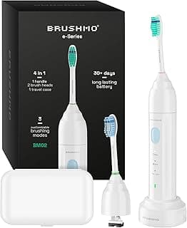 Brushmo E-Series Electric Sonic Toothbrush - Rechargeable Screw-On Electronic Tooth Brush for Adults with 3 Modes, Travel Case & Timer IPX7 Waterproof, 30 Days Lasting & Wireless Charging Base, White