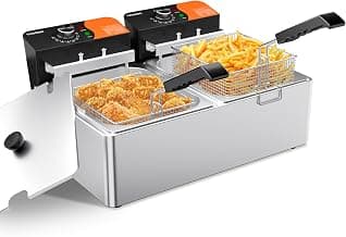 TANGME Commercial Deep Fryer, 3400W Electric Countertop Fryer 20.7QT with 6.35QTx2 Baskets Stainless Steel Oil Fryer with Temperature Limiter for Home Kitchen and Restaurant