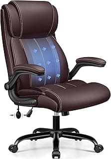 BESTFAIR Ergonomic Office Chair, Inflatable Lumbar Support High Back Coffee | Back & Neck Support for Fatigue Relief, Flip-Up Arms, 21" Wide Cushioned Seat, Scratch-Resistant PU Leather, Tilt & Rollin