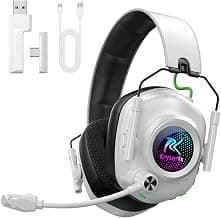 Krysenix Wireless Gaming Headset for PS5 & PC, 50mm Titanium Drivers, Low-Latency 2.4GHz & Bluetooth, Adjustable Noise-Cancelling Mic, Foldable RGB Over-Ear Headphones – White