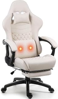 Big and Tall Gaming Chair with Massage and Footrest, Ergonomic High Back PU Leather Computer Office Chair for Heavy Adults, Supports 350LBS, Modern Ivory
