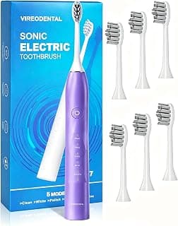 Sonic Electric Toothbrush for Adults and Kids, 40,000 VPM Powered Toothbrush with 6 Brush Heads, 5 Modes with 2-Minute Smart Timer, One Charge for 90 Days, IPX7 Waterproof, 8 Colors Purple