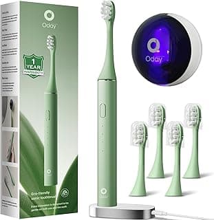 Oday Sonic Electric Toothbrush for Adults with Wall Mounted UV-Cleaning Toothbrush Holder and 4 Brush Heads, Wireless Charging, IPX7 Waterproof, 1 Month+ Battery, Green