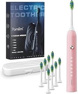 7AM2M Sonic Electric Toothbrush for Adults and Kids, with 8 Brush Heads and Travel Case,5 Modes with 2 Minutes Built in Smart Timer, One Charge Use for 90 Days, Rechargeable Toothbrushes(Pink)
