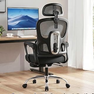 Ergonomic Office Chair with Footrest, 90-145° Reclining Desk Chair with Adjustable Lumbar Support & Headrest, High Back Mesh Computer Chair for Home Office/Gaming, 350lbs Capacity