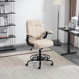 VINGLI Ergonomic Drafting Chair, Tall Standing Desk Chair with Adjustable Height & Flip‑Up Armrests, Lockable Wheels, 4" PU Leather Cushion, Modern High Office Chair for Home Studio Office, Khaki